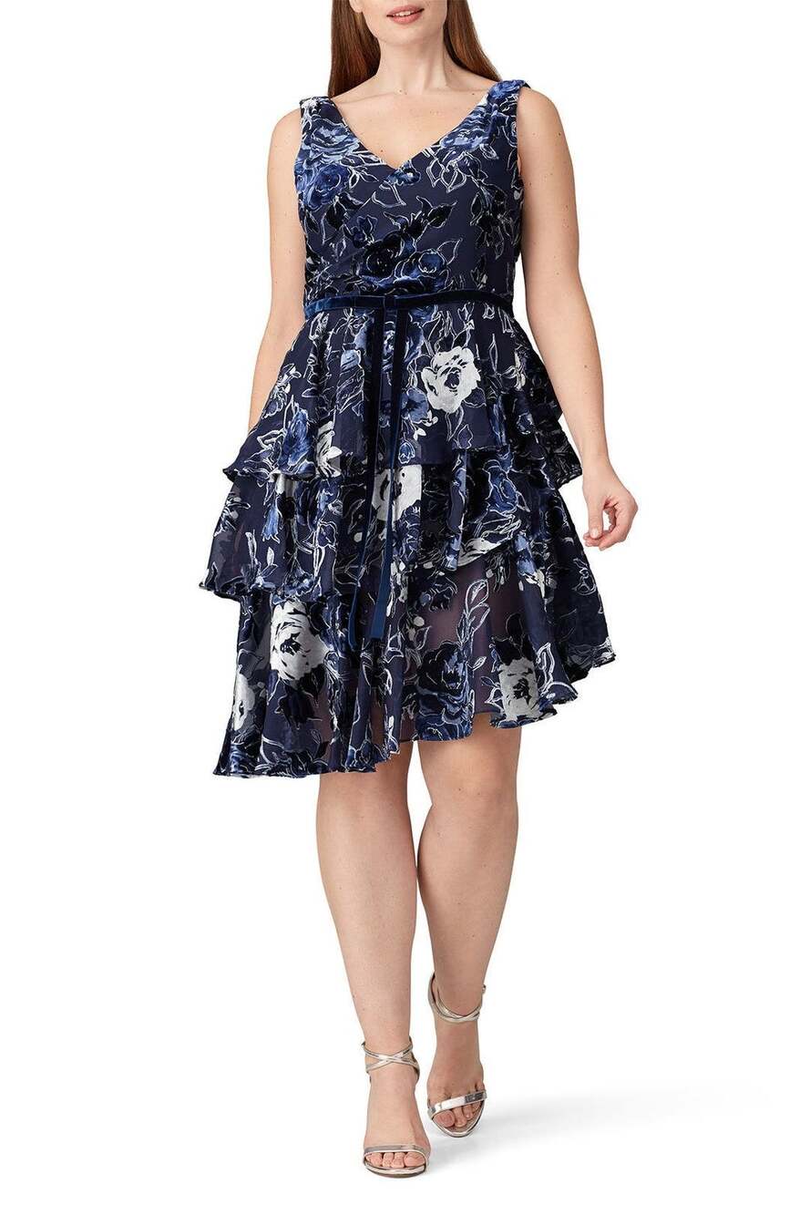 Marchesa Notte Velvet Floral Tiered Ruffle Sleeveless V-Neck Cocktail Dress 14